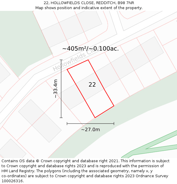 22, HOLLOWFIELDS CLOSE, REDDITCH, B98 7NR: Plot and title map