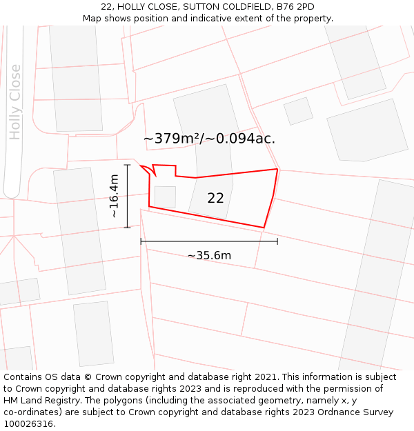 22, HOLLY CLOSE, SUTTON COLDFIELD, B76 2PD: Plot and title map