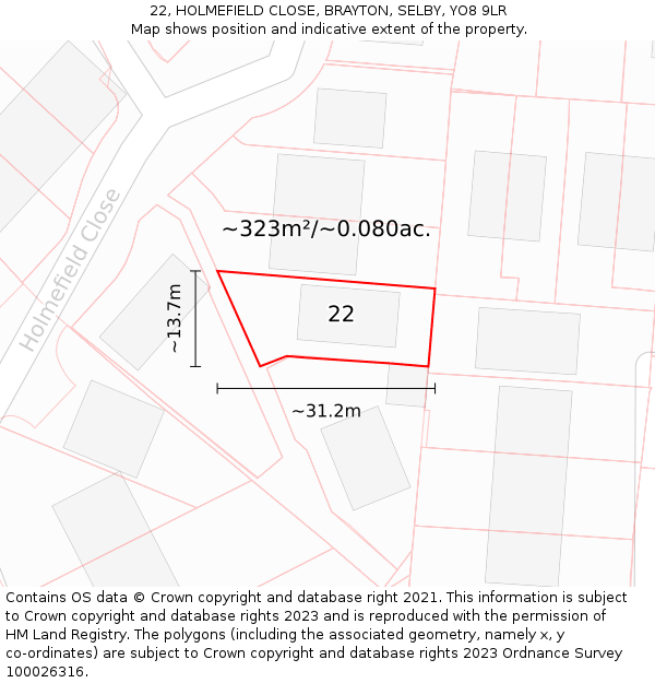 22, HOLMEFIELD CLOSE, BRAYTON, SELBY, YO8 9LR: Plot and title map
