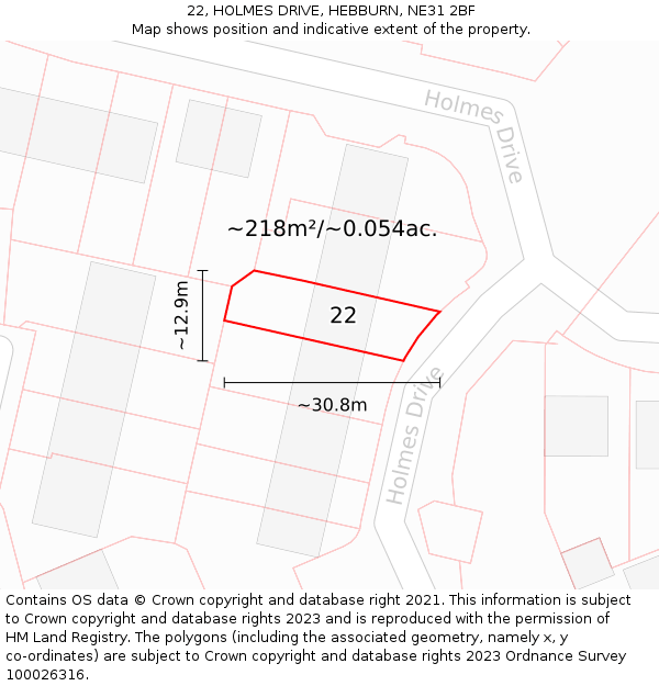 22, HOLMES DRIVE, HEBBURN, NE31 2BF: Plot and title map