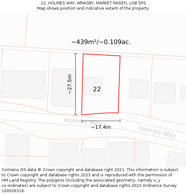 22, HOLMES WAY, WRAGBY, MARKET RASEN, LN8 5PS: Plot and title map