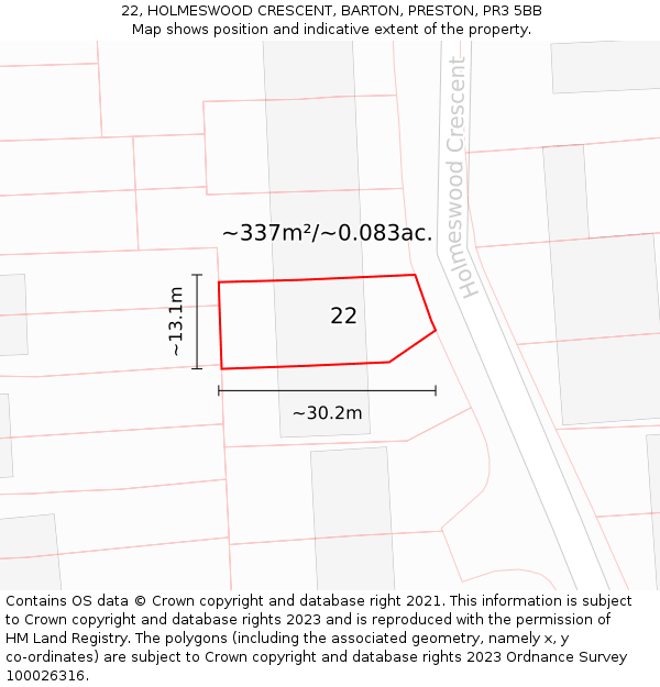22, HOLMESWOOD CRESCENT, BARTON, PRESTON, PR3 5BB: Plot and title map