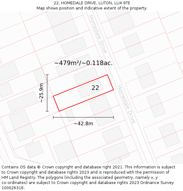 22, HOMEDALE DRIVE, LUTON, LU4 9TE: Plot and title map