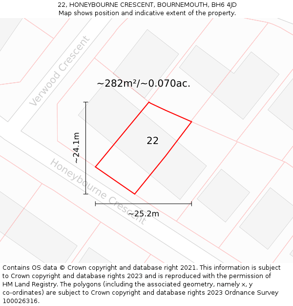 22, HONEYBOURNE CRESCENT, BOURNEMOUTH, BH6 4JD: Plot and title map