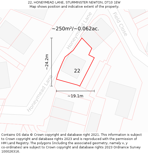 22, HONEYMEAD LANE, STURMINSTER NEWTON, DT10 1EW: Plot and title map