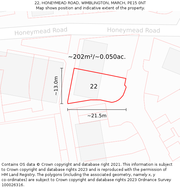 22, HONEYMEAD ROAD, WIMBLINGTON, MARCH, PE15 0NT: Plot and title map