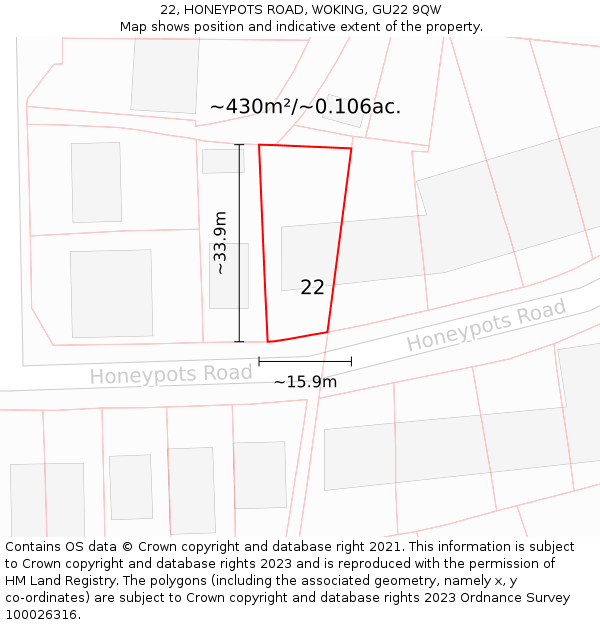 22, HONEYPOTS ROAD, WOKING, GU22 9QW: Plot and title map
