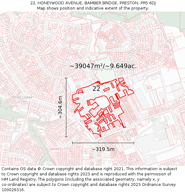 22, HONEYWOOD AVENUE, BAMBER BRIDGE, PRESTON, PR5 6DJ: Plot and title map