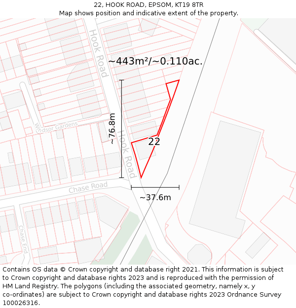 22, HOOK ROAD, EPSOM, KT19 8TR: Plot and title map