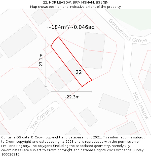 22, HOP LEASOW, BIRMINGHAM, B31 5JN: Plot and title map