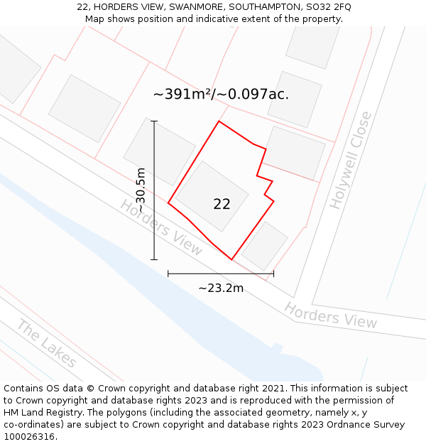 22, HORDERS VIEW, SWANMORE, SOUTHAMPTON, SO32 2FQ: Plot and title map