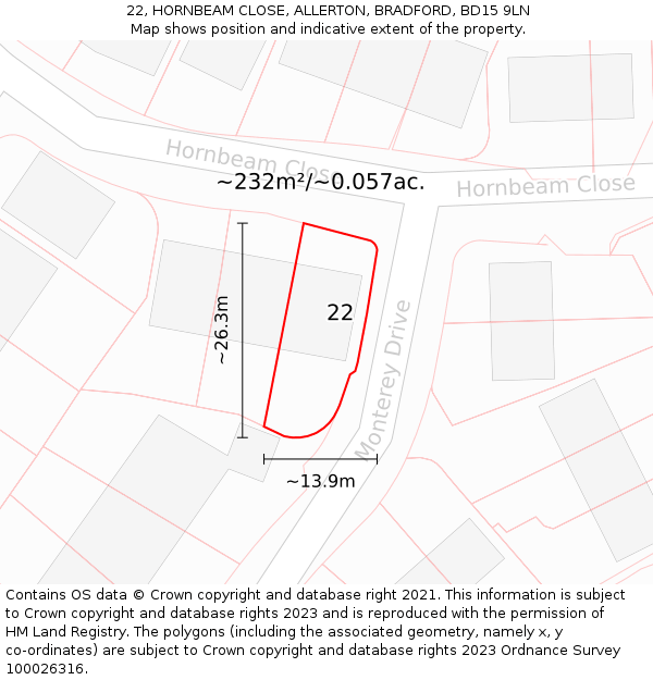 22, HORNBEAM CLOSE, ALLERTON, BRADFORD, BD15 9LN: Plot and title map