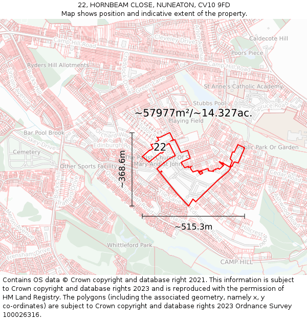 22, HORNBEAM CLOSE, NUNEATON, CV10 9FD: Plot and title map