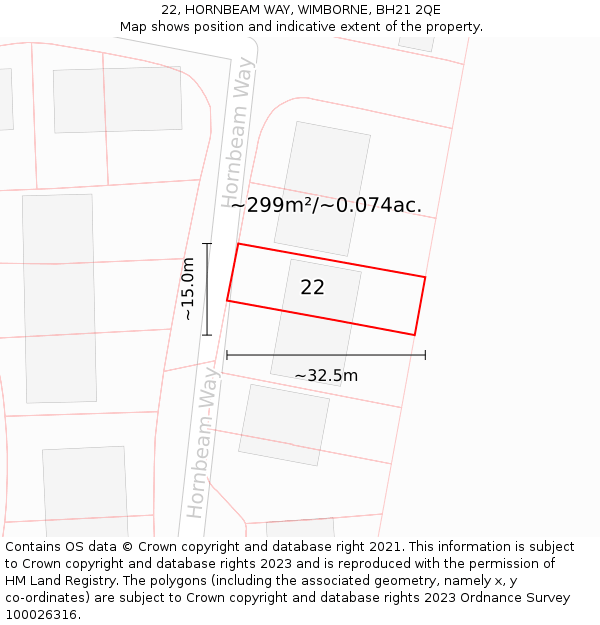 22, HORNBEAM WAY, WIMBORNE, BH21 2QE: Plot and title map