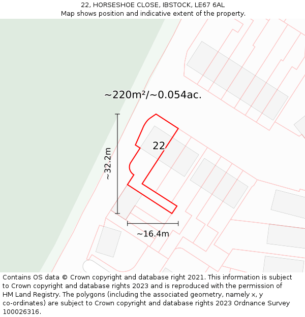 22, HORSESHOE CLOSE, IBSTOCK, LE67 6AL: Plot and title map