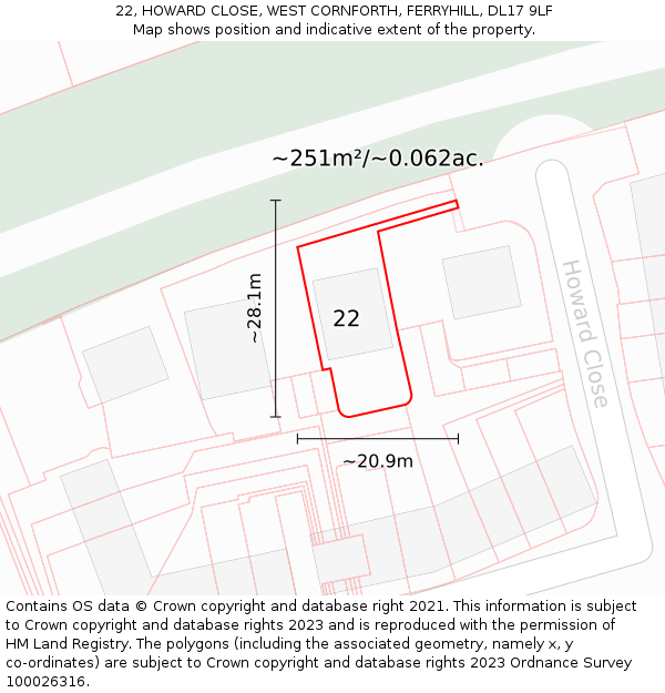 22, HOWARD CLOSE, WEST CORNFORTH, FERRYHILL, DL17 9LF: Plot and title map