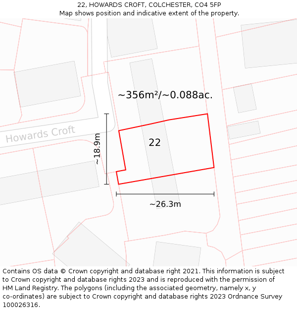 22, HOWARDS CROFT, COLCHESTER, CO4 5FP: Plot and title map