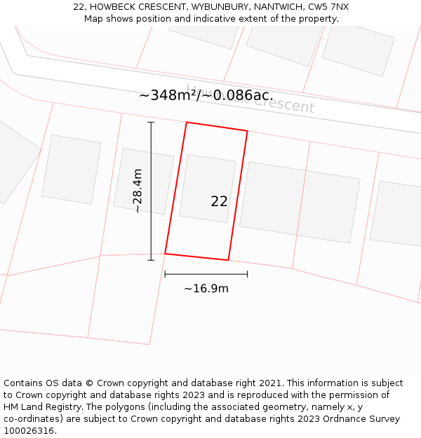 22, HOWBECK CRESCENT, WYBUNBURY, NANTWICH, CW5 7NX: Plot and title map