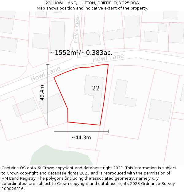 22, HOWL LANE, HUTTON, DRIFFIELD, YO25 9QA: Plot and title map