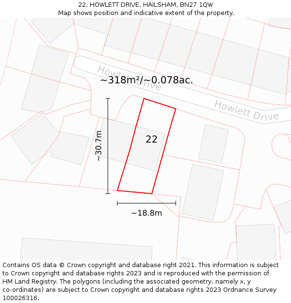 22, HOWLETT DRIVE, HAILSHAM, BN27 1QW: Plot and title map