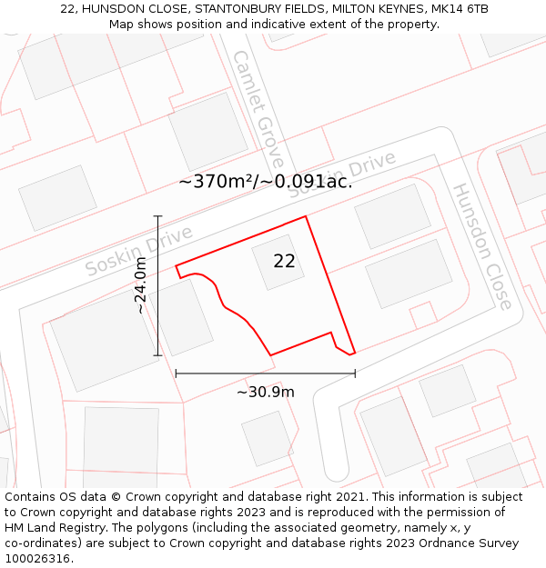 22, HUNSDON CLOSE, STANTONBURY FIELDS, MILTON KEYNES, MK14 6TB: Plot and title map