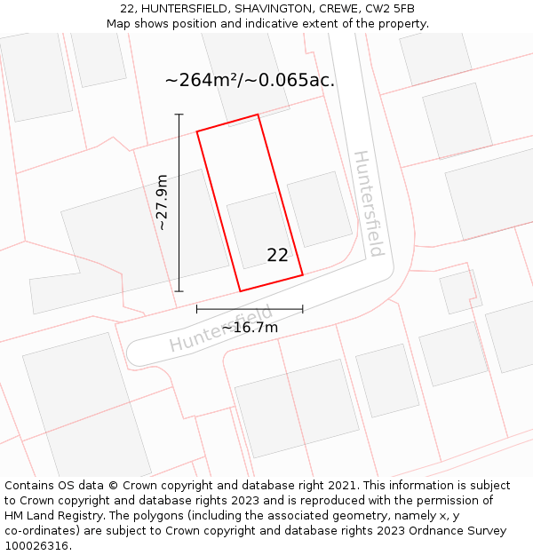 22, HUNTERSFIELD, SHAVINGTON, CREWE, CW2 5FB: Plot and title map