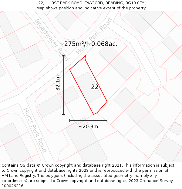 22, HURST PARK ROAD, TWYFORD, READING, RG10 0EY: Plot and title map