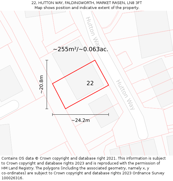 22, HUTTON WAY, FALDINGWORTH, MARKET RASEN, LN8 3FT: Plot and title map