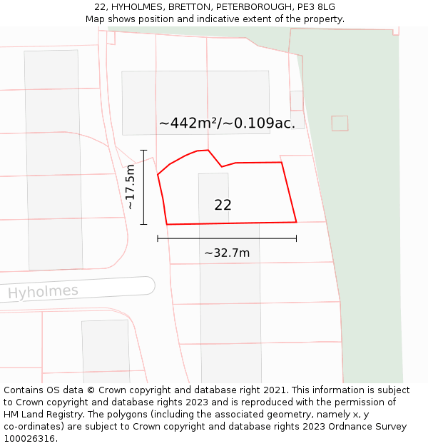 22, HYHOLMES, BRETTON, PETERBOROUGH, PE3 8LG: Plot and title map