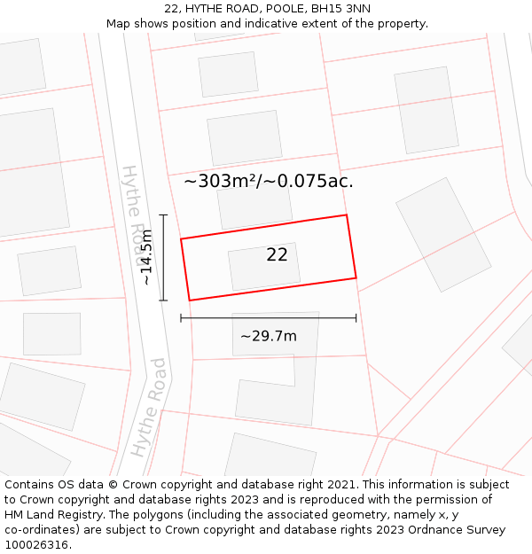 22, HYTHE ROAD, POOLE, BH15 3NN: Plot and title map