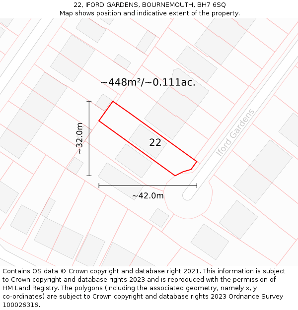 22, IFORD GARDENS, BOURNEMOUTH, BH7 6SQ: Plot and title map