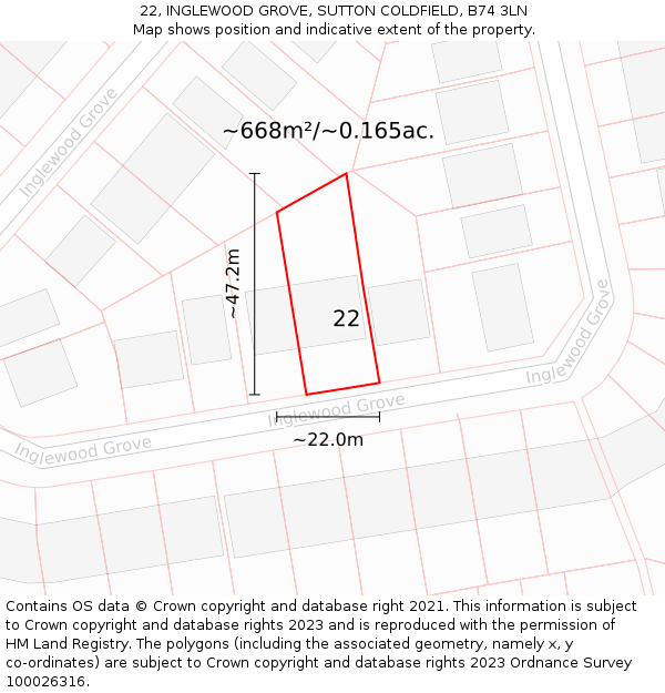 22, INGLEWOOD GROVE, SUTTON COLDFIELD, B74 3LN: Plot and title map