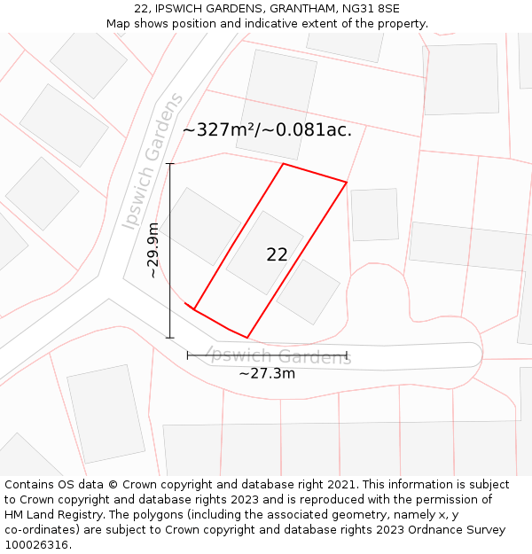 22, IPSWICH GARDENS, GRANTHAM, NG31 8SE: Plot and title map