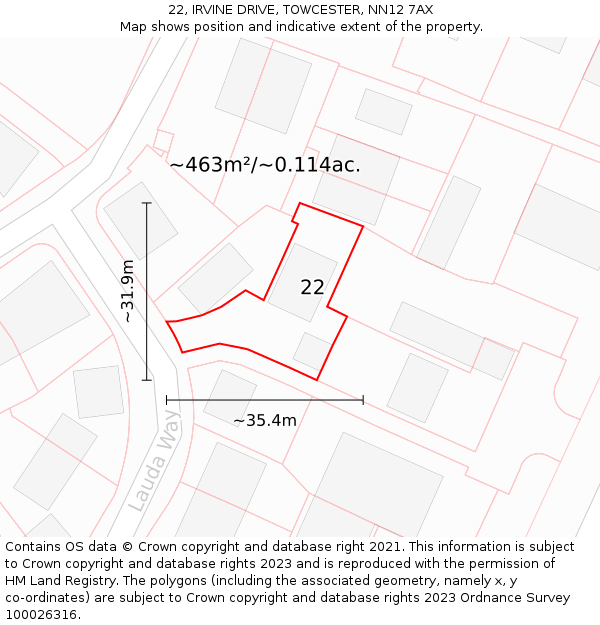 22, IRVINE DRIVE, TOWCESTER, NN12 7AX: Plot and title map