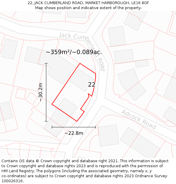 22, JACK CUMBERLAND ROAD, MARKET HARBOROUGH, LE16 8GF: Plot and title map
