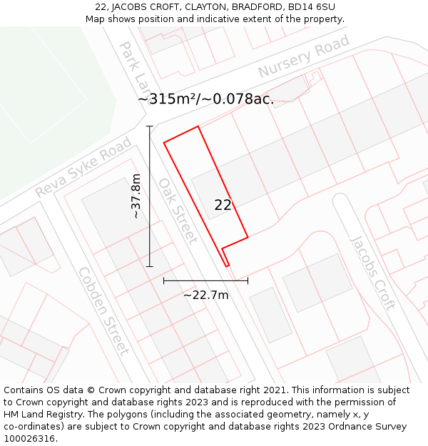 22, JACOBS CROFT, CLAYTON, BRADFORD, BD14 6SU: Plot and title map