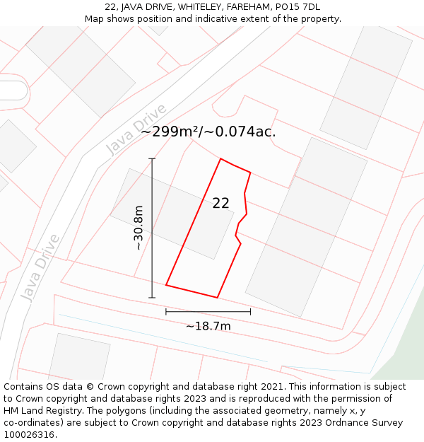 22, JAVA DRIVE, WHITELEY, FAREHAM, PO15 7DL: Plot and title map