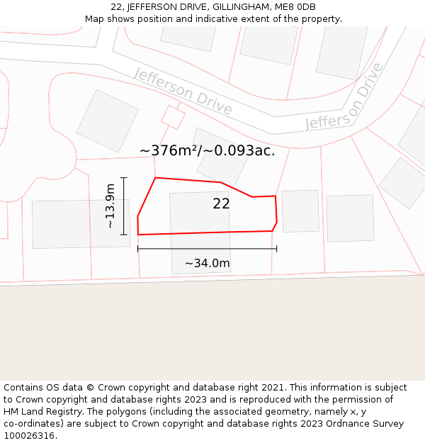 22, JEFFERSON DRIVE, GILLINGHAM, ME8 0DB: Plot and title map