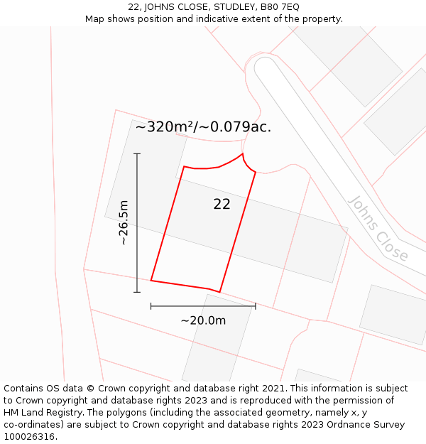 22, JOHNS CLOSE, STUDLEY, B80 7EQ: Plot and title map
