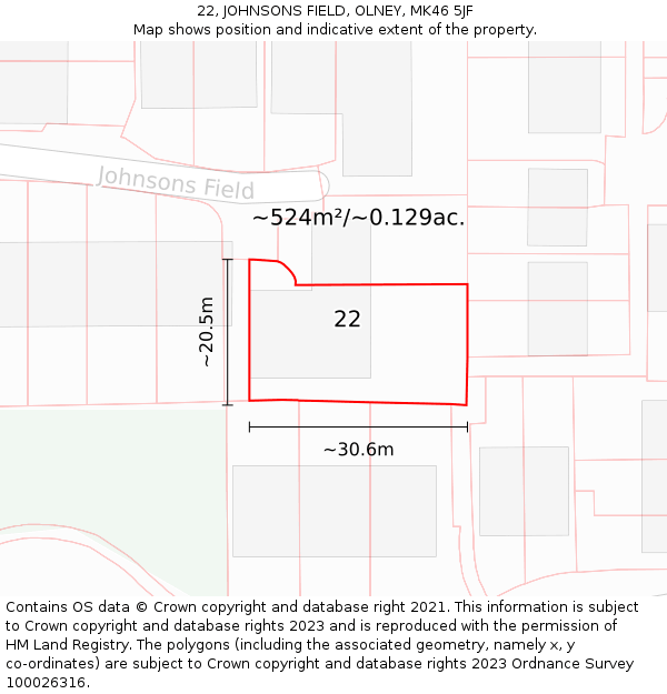 22, JOHNSONS FIELD, OLNEY, MK46 5JF: Plot and title map