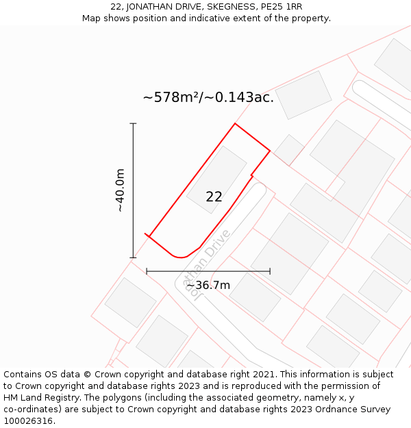22, JONATHAN DRIVE, SKEGNESS, PE25 1RR: Plot and title map