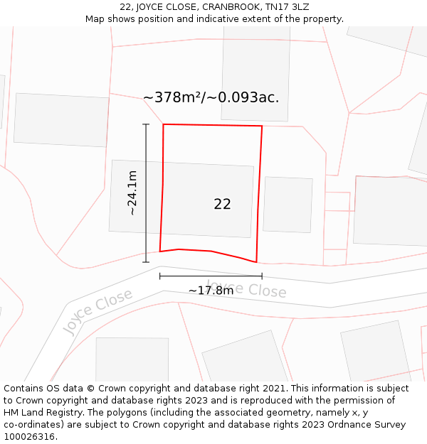 22, JOYCE CLOSE, CRANBROOK, TN17 3LZ: Plot and title map