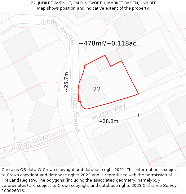 22, JUBILEE AVENUE, FALDINGWORTH, MARKET RASEN, LN8 3FF: Plot and title map