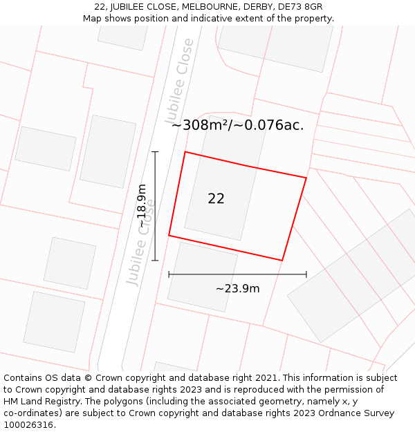 22, JUBILEE CLOSE, MELBOURNE, DERBY, DE73 8GR: Plot and title map