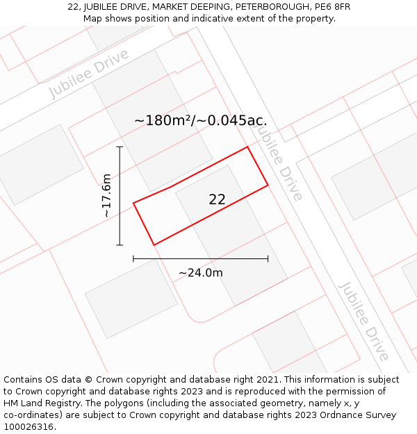 22, JUBILEE DRIVE, MARKET DEEPING, PETERBOROUGH, PE6 8FR: Plot and title map
