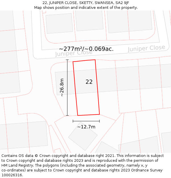 22, JUNIPER CLOSE, SKETTY, SWANSEA, SA2 9JF: Plot and title map