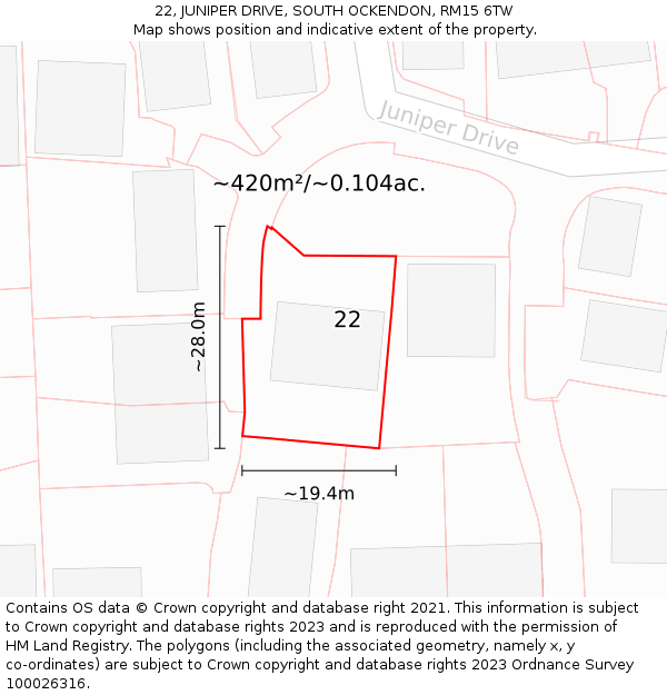 22, JUNIPER DRIVE, SOUTH OCKENDON, RM15 6TW: Plot and title map