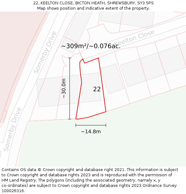 22, KEELTON CLOSE, BICTON HEATH, SHREWSBURY, SY3 5PS: Plot and title map