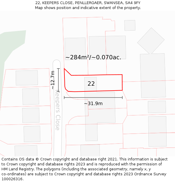 22, KEEPERS CLOSE, PENLLERGAER, SWANSEA, SA4 9FY: Plot and title map