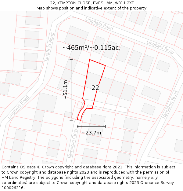 22, KEMPTON CLOSE, EVESHAM, WR11 2XF: Plot and title map